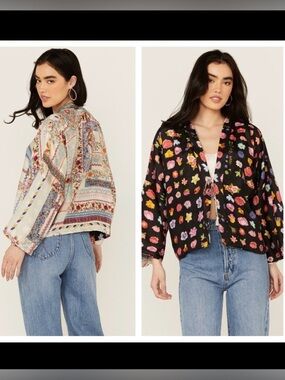 JOHNNY WAS Stano Makenna Reversible Silk Kimono Cardigan Black Floral Patchwork